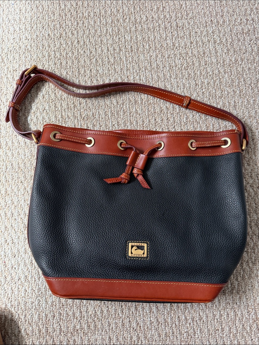 Dooney & Bourke Black with Brown Leather Trim Drawstring Shoulder Bag